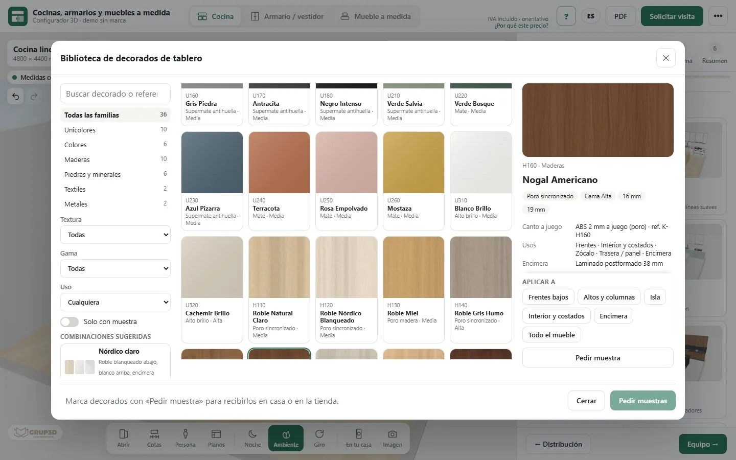 Biblioteca de decorados de tablero con familias, filtros y la ficha de un nogal en el configurador 3D de cocinas