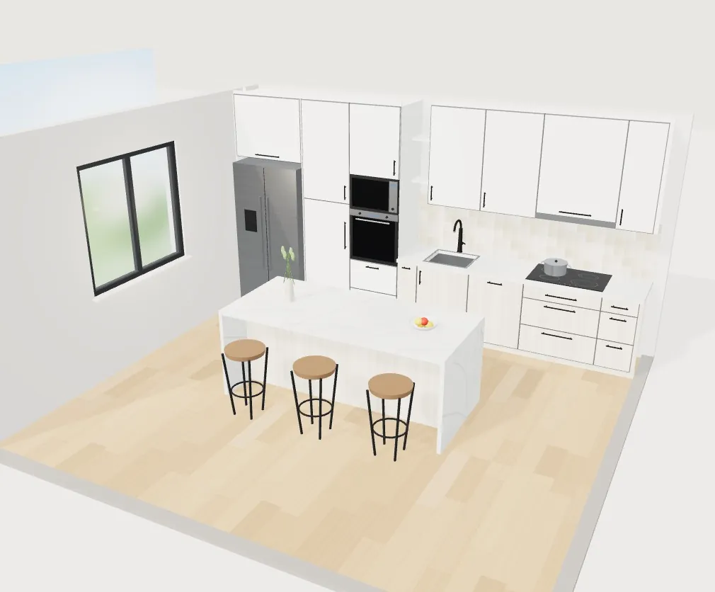 Cocina en 3D con la combinación sugerida «Nórdico claro» aplicada desde la biblioteca de decorados