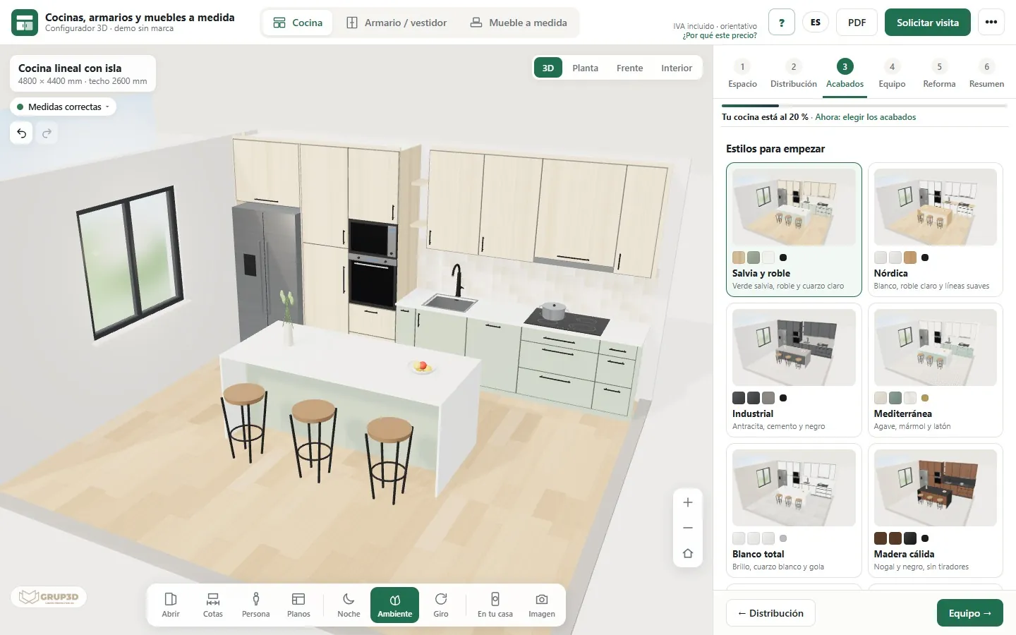Configurador 3D de cocinas con el paso de acabados y el acceso a la biblioteca de decorados de tablero