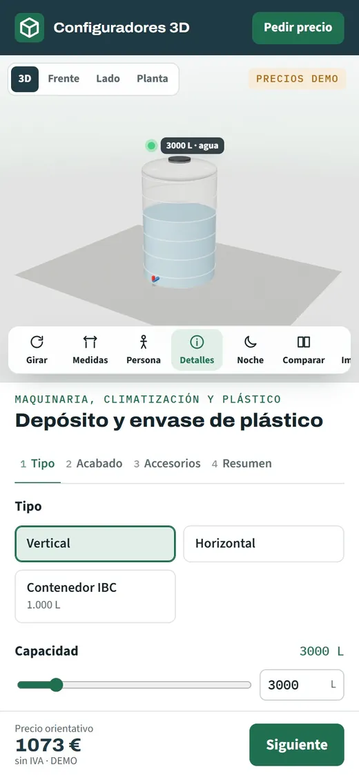 Configurador de depósitos de plástico abierto en el móvil, con el depósito en 3D y sus opciones de acabado