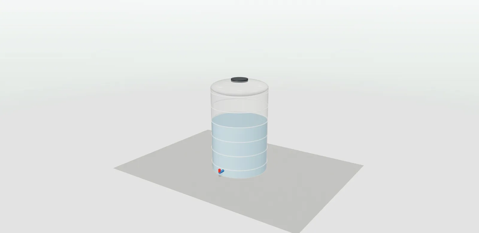 Depósito vertical de plástico translúcido en 3D con boca de hombre, grifo de salida y el nivel de líquido a la vista