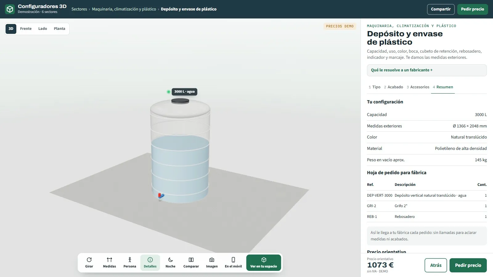 Resumen del depósito con capacidad, medidas exteriores, material, peso en vacío y hoja de pedido con accesorios