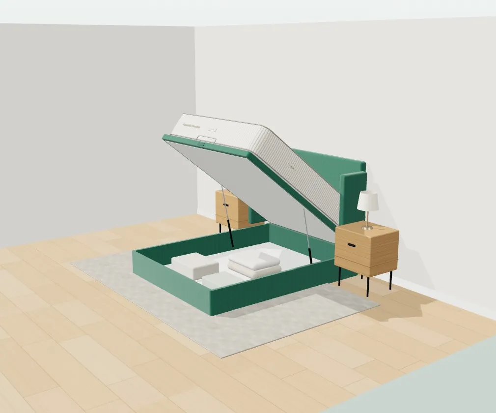 Canapé abatible abierto en 3D con mesitas de madera en el configurador de camas y dormitorio