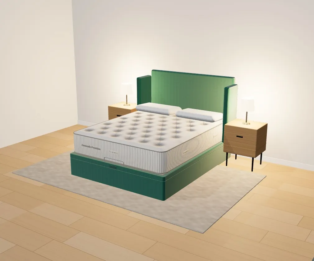 Dormitorio de noche en 3D con las lámparas de las mesitas encendidas y la cama tapizada