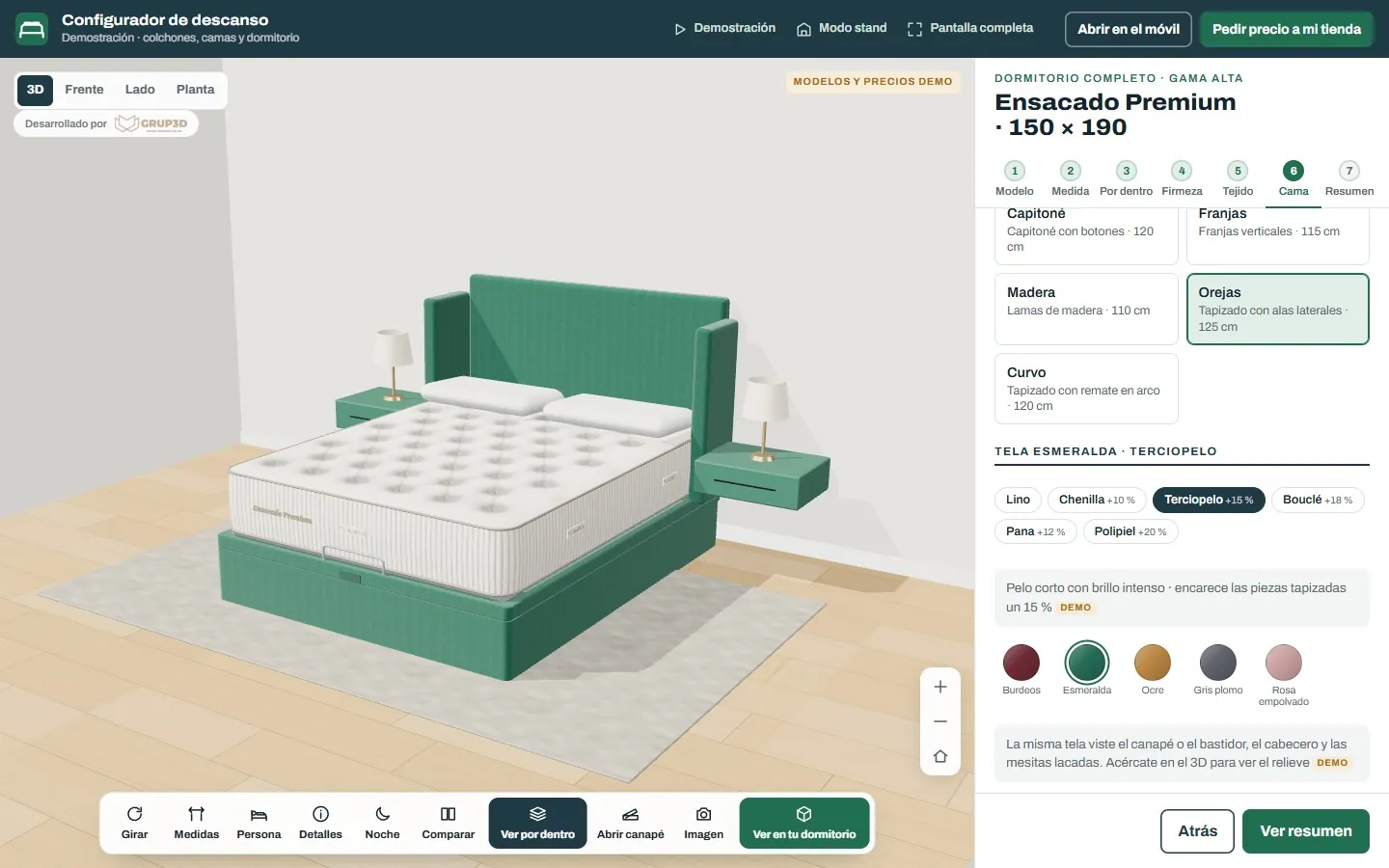 Cama con cabecero de orejas y canapé tapizados en terciopelo en el configurador 3D de dormitorio, con las familias de telas