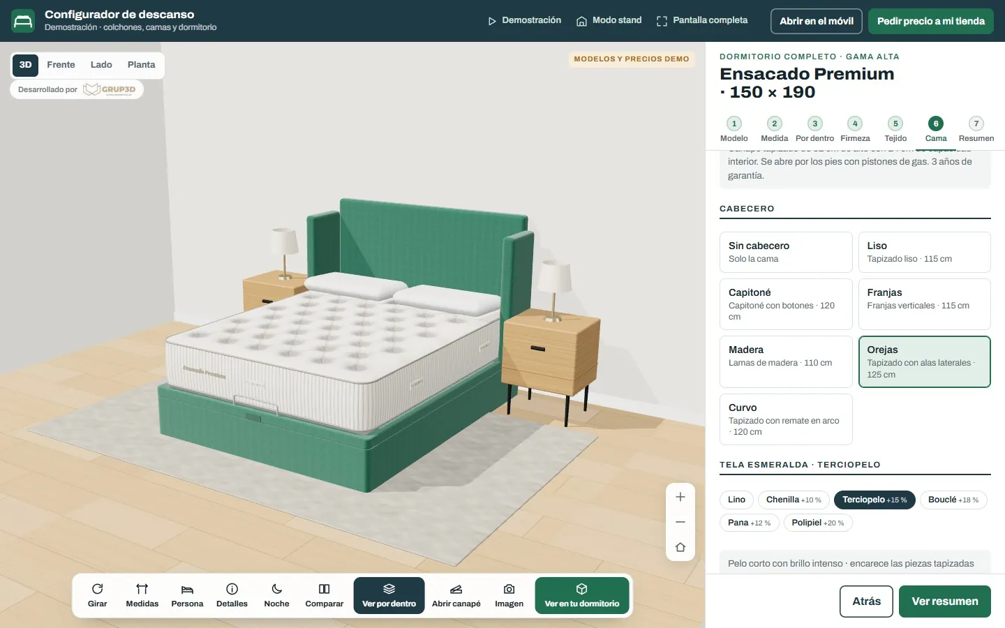 Configurador 3D de dormitorio con los pasos del colchón y la cama y el panel de cabeceros