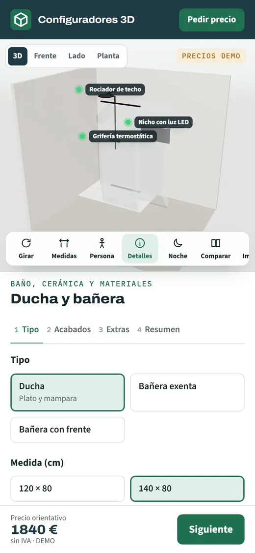 Configurador de ducha y bañera abierto en un móvil con la ducha en 3D, los extras elegidos y el precio orientativo