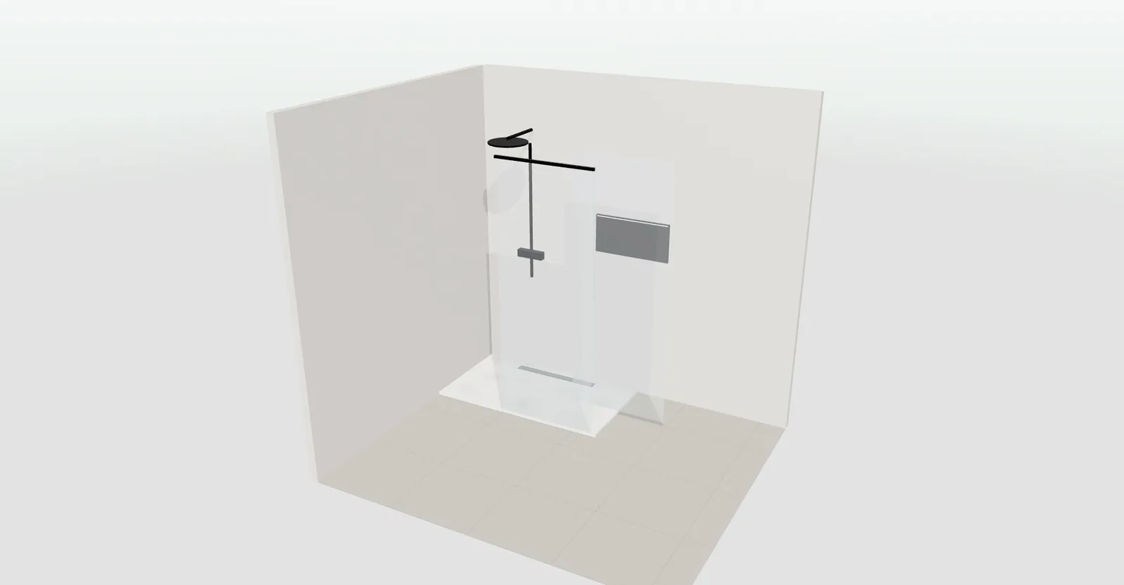 Ducha de 140 × 80 en 3D con grifería negro mate, rociador de techo y nicho con luz en el configurador de baños