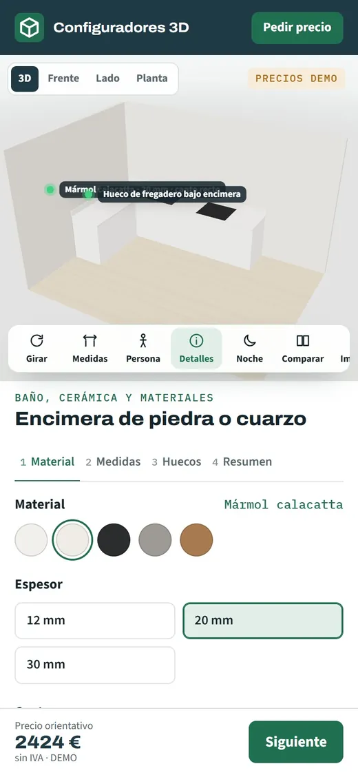 Vista móvil del configurador de encimeras, con la encimera en 3D y el selector de material y acabado de superficie