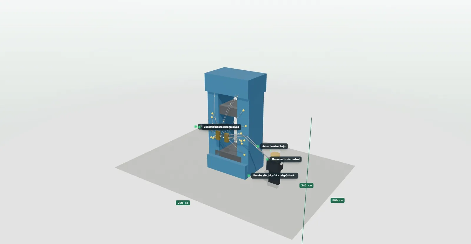 Detalle del sistema de engrase en 3D con etiquetas sobre la bomba, los distribuidores y los tubos de cada punto