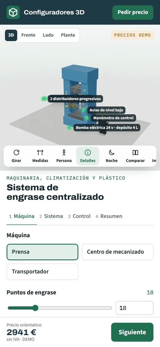 Configurador de engrase centralizado abierto en el móvil, con la máquina en 3D y el resumen de la configuración