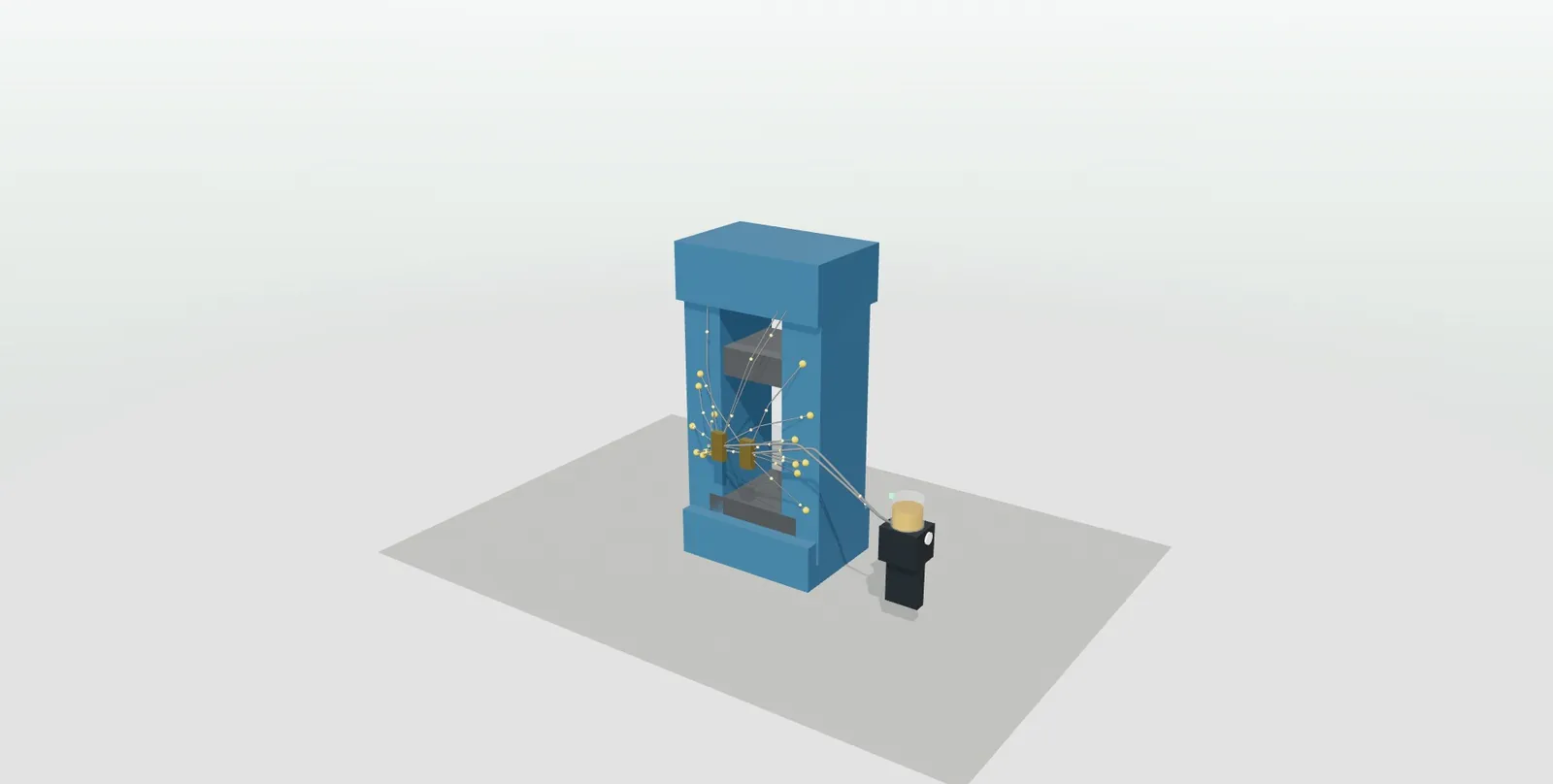 Prensa en 3D con sistema de engrase centralizado: bomba con depósito, dos distribuidores progresivos y tubos que llegan a cada punto de engrase