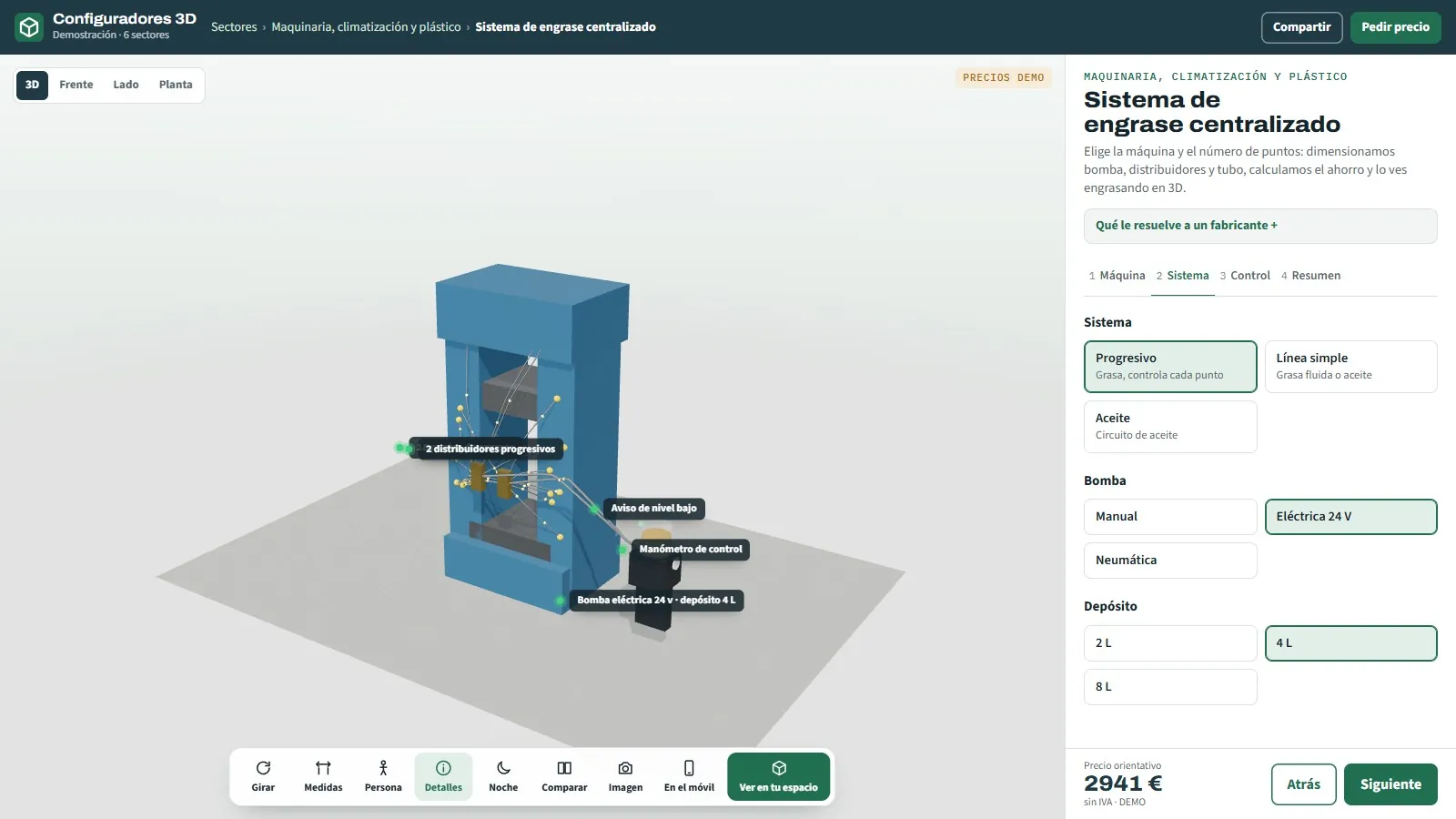 Configurador 3D de engrase centralizado de la demo del sector maquinaria e industria: prensa en 3D con bomba eléctrica, depósito y distribuidores progresivos etiquetados, elección de sistema y bomba, y precio orientativo