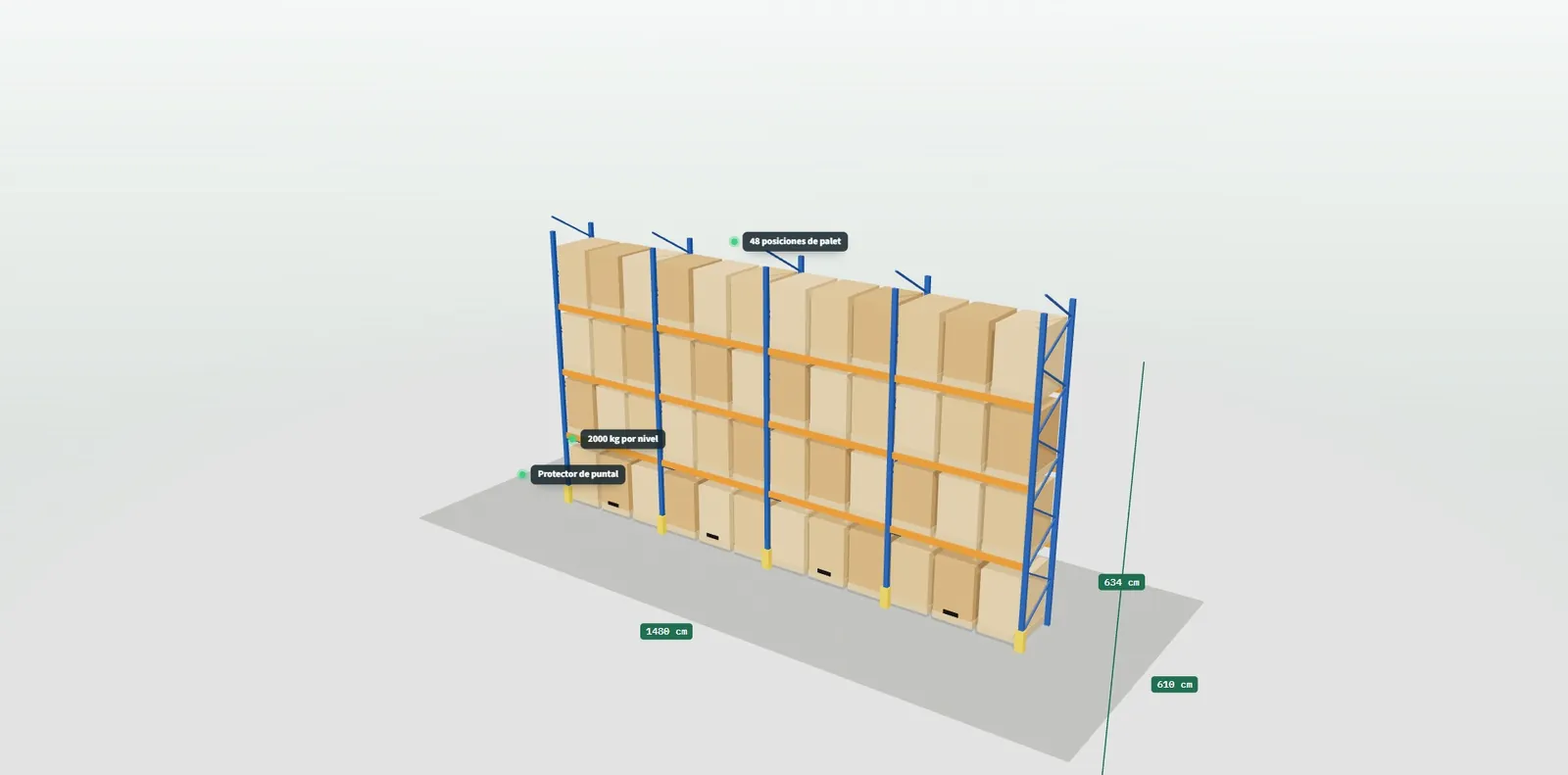 Detalle de la estantería en 3D con etiquetas sobre el protector de puntal, los largueros y la señalización