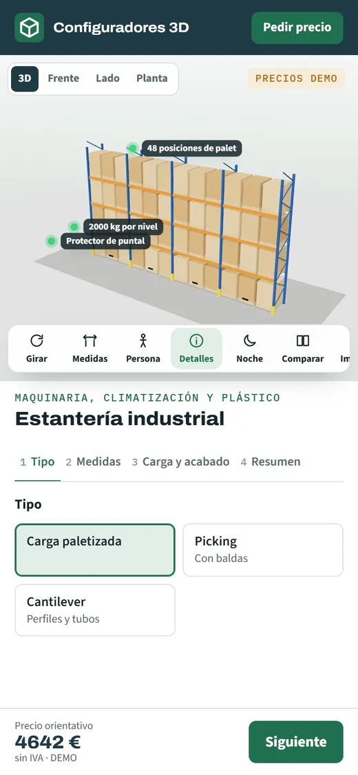 Configurador de estanterías industriales abierto en el móvil, con la estantería en 3D y sus cifras de capacidad