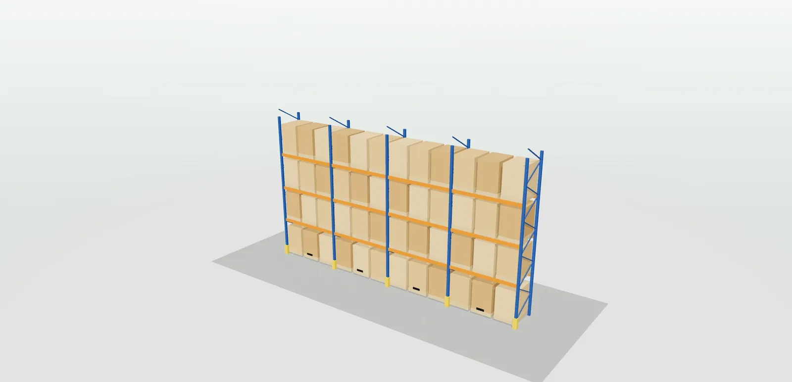 Estantería de carga paletizada en 3D con bastidores azules, largueros naranjas, protectores de puntal y mercancía en cuatro niveles