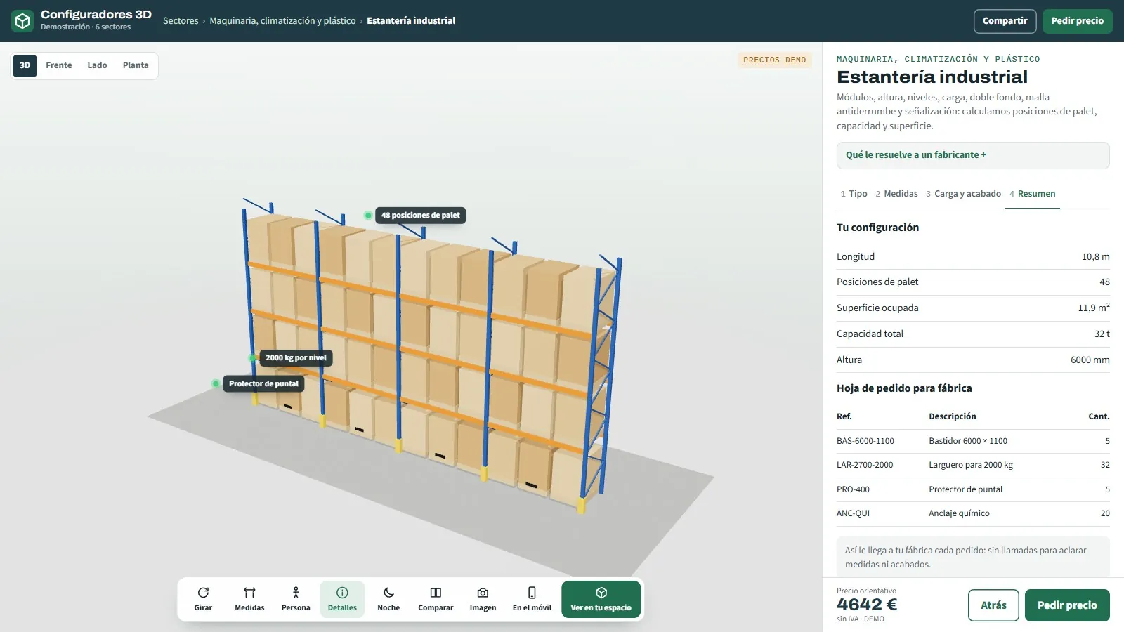 Resumen de una estantería industrial en el configurador: longitud, posiciones de palet, superficie ocupada, capacidad total y hoja de pedido para fábrica con bastidores, largueros, protectores de puntal y anclajes