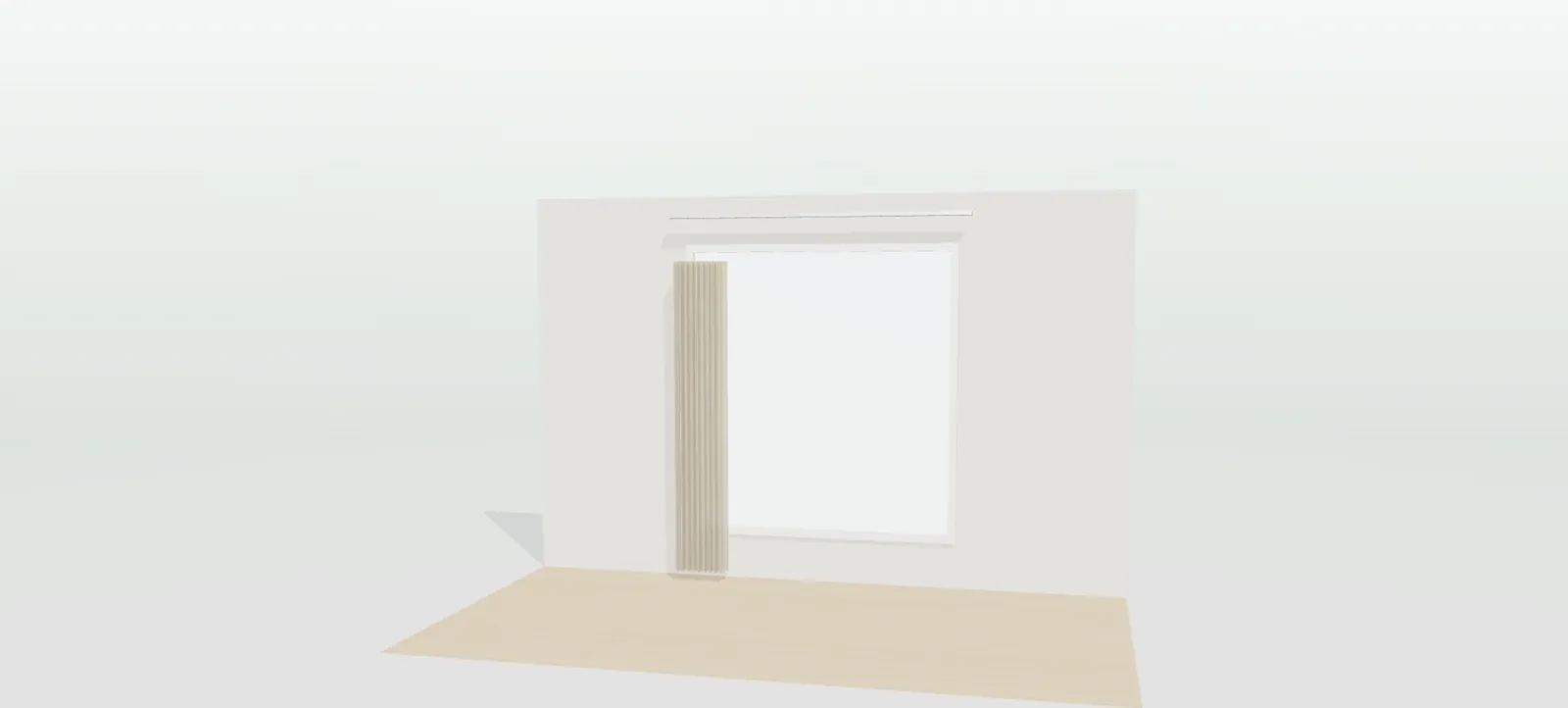 Cortina de onda perfecta en tejido traslúcido lino arena medio abierta sobre un ventanal, vista en 3D