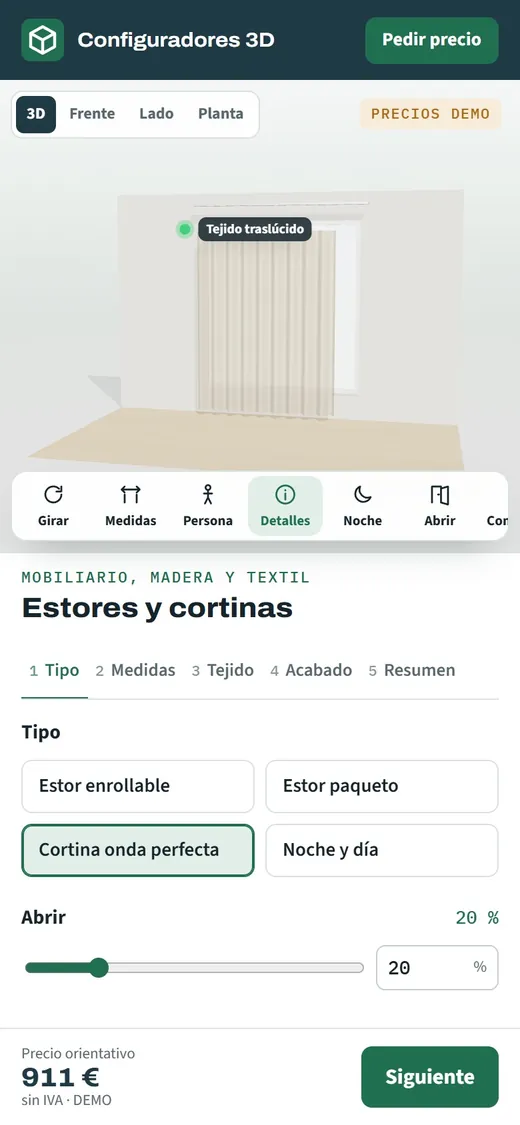 Configurador de estores y cortinas abierto en un móvil con la cortina en 3D y el precio orientativo de la configuración