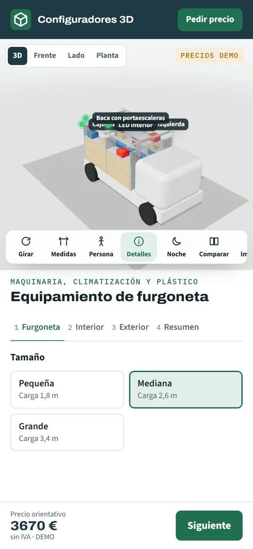 Configurador de equipamiento de furgonetas abierto en el móvil, con la furgoneta en 3D y el resumen del equipamiento