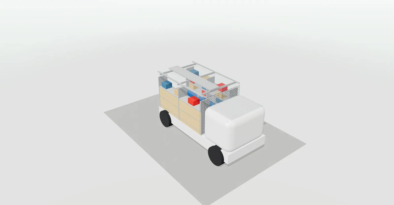 Furgoneta en 3D con el interior equipado con cajones y estantes, cajas en los estantes, mampara de cabina y baca con portaescaleras