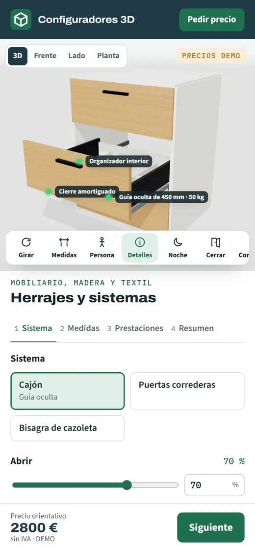 Configurador de herrajes en un móvil con el cajón en 3D, las unidades del pedido y el precio orientativo