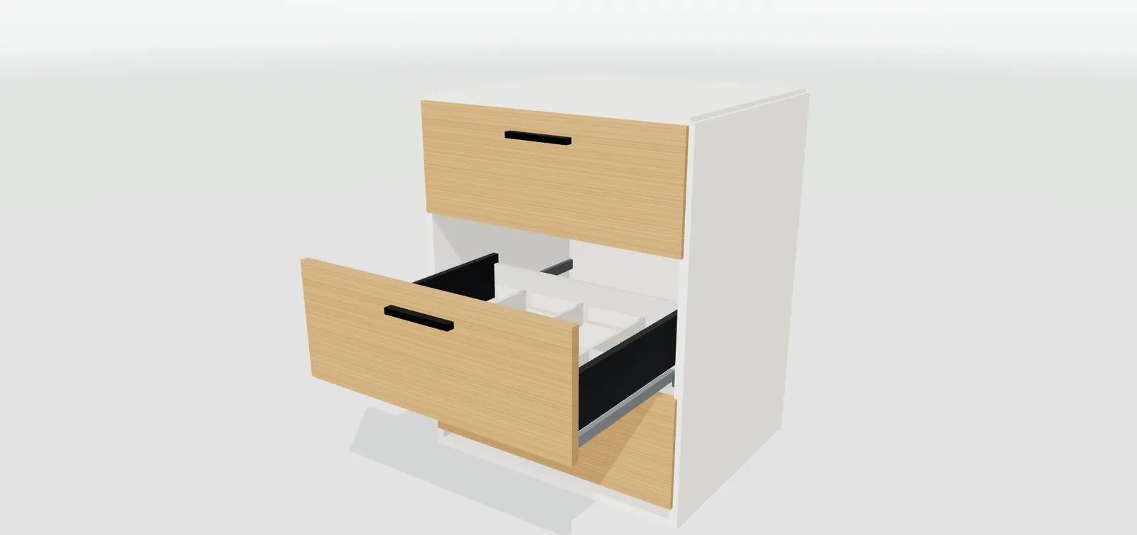 Cajón con guías ocultas y laterales antracita abierto en 3D con la guía recomendada calculada