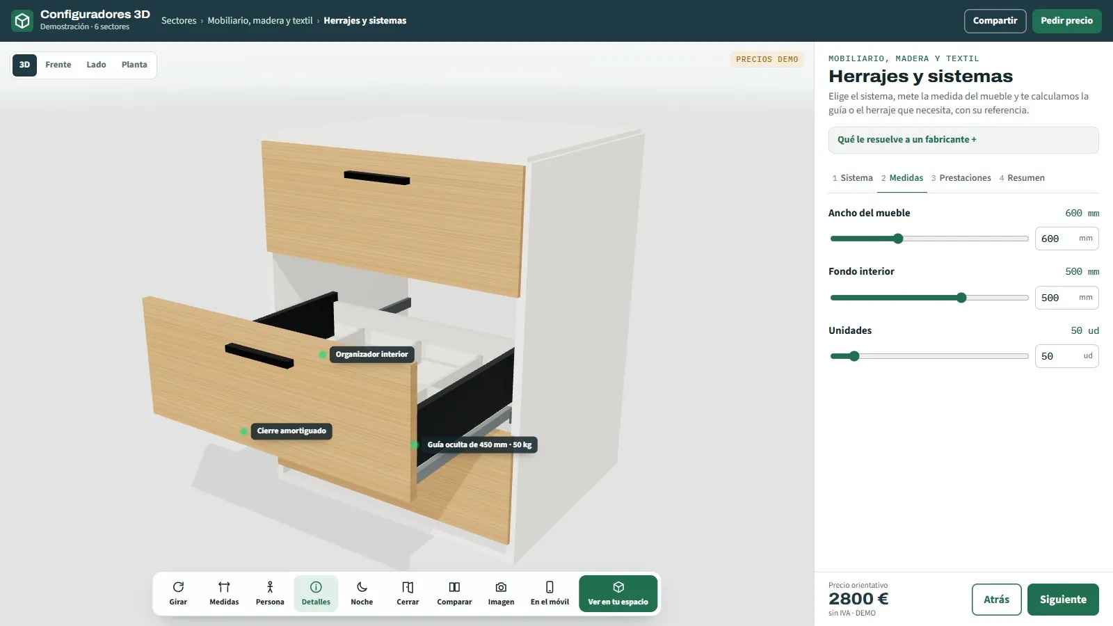 Panel del configurador de herrajes con cajón de 600 mm, fondo interior de 500 mm, carga de 50 kg y guía recomendada