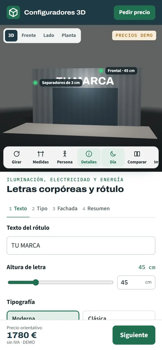3D letters configurator on a mobile phone with the sign on the façade and the colour selector