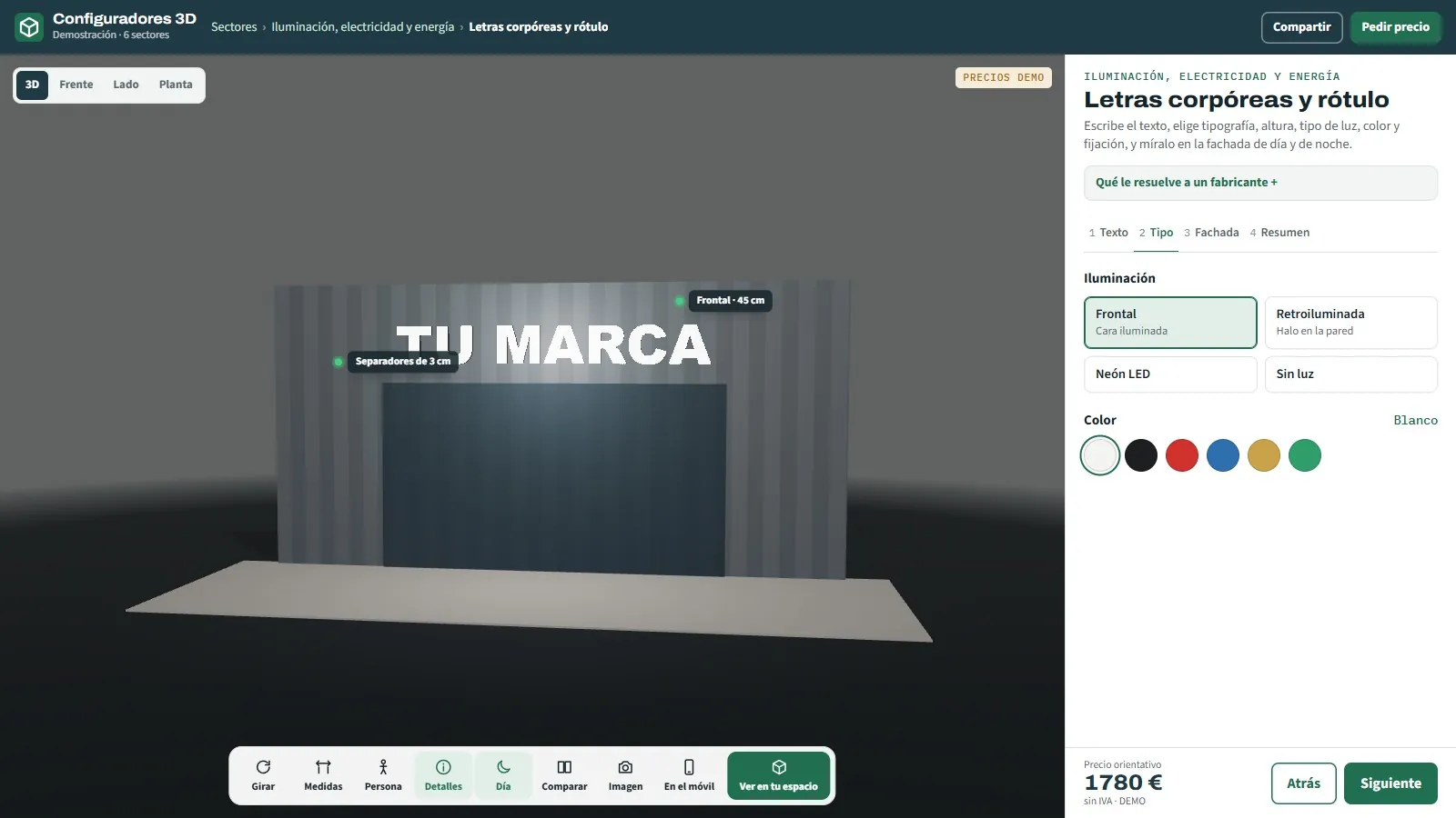 Signage configurator screen with the text, the letter height, the typeface, the type of light and the colour