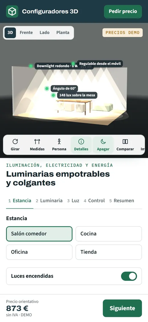 Configurador de luminarias abierto en un teléfono móvil con el salón comedor iluminado por downlights empotrados