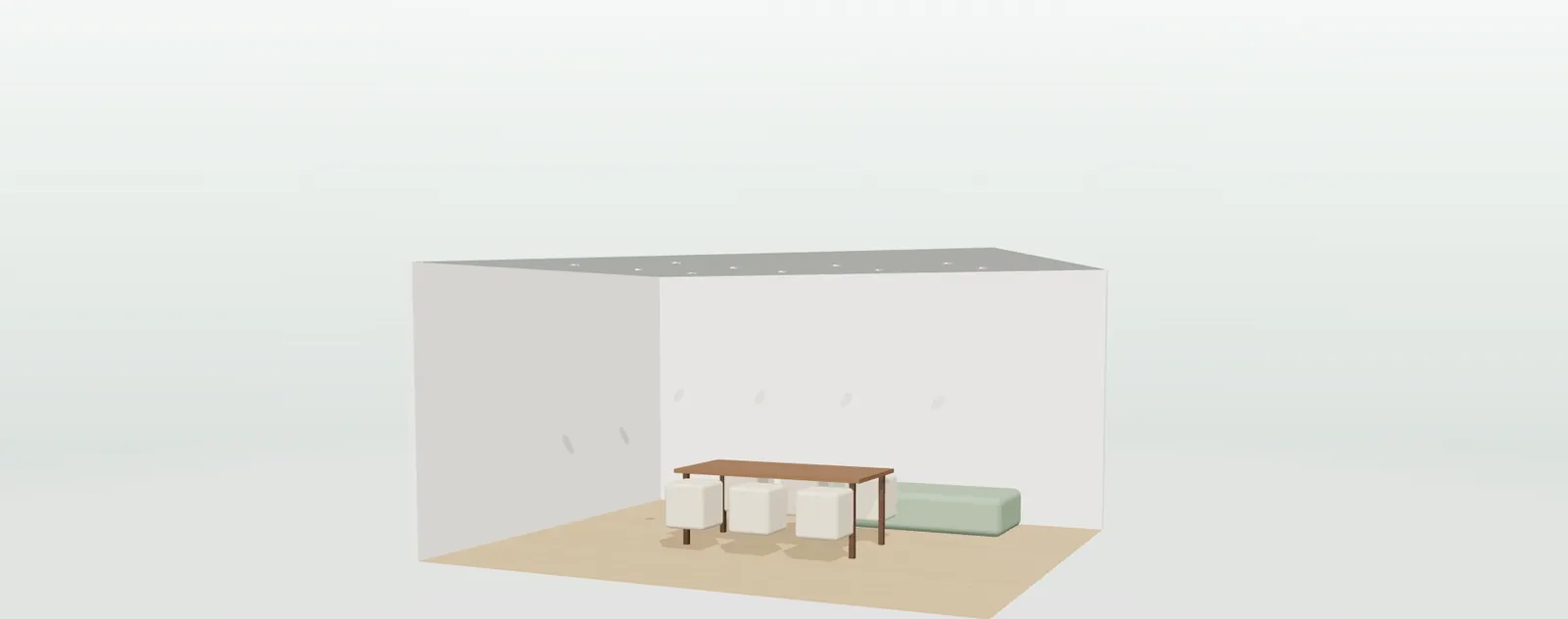 Salón comedor en 3D de noche iluminado con diez downlights empotrados de luz cálida y un haz de 60 grados