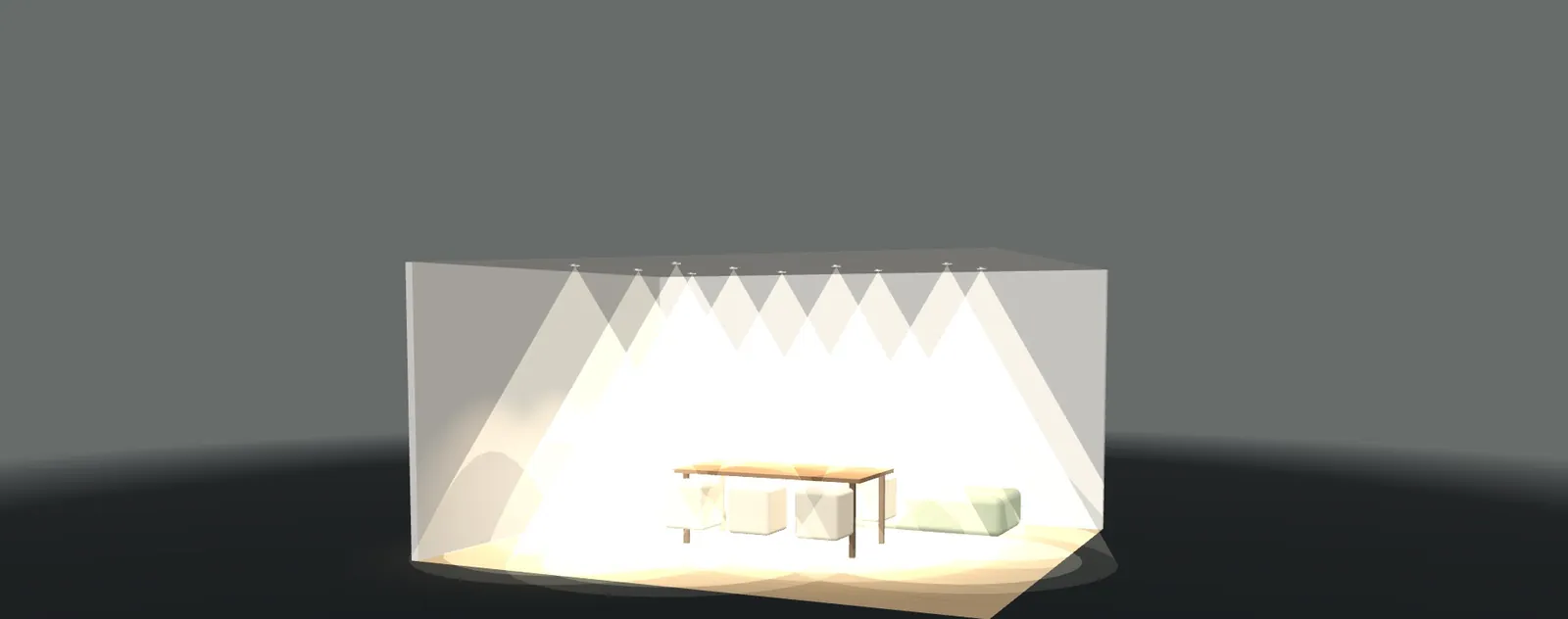 Salón comedor en 3D iluminado con downlights empotrados que dibujan sus haces de luz sobre la mesa en el configurador 3D de luminarias