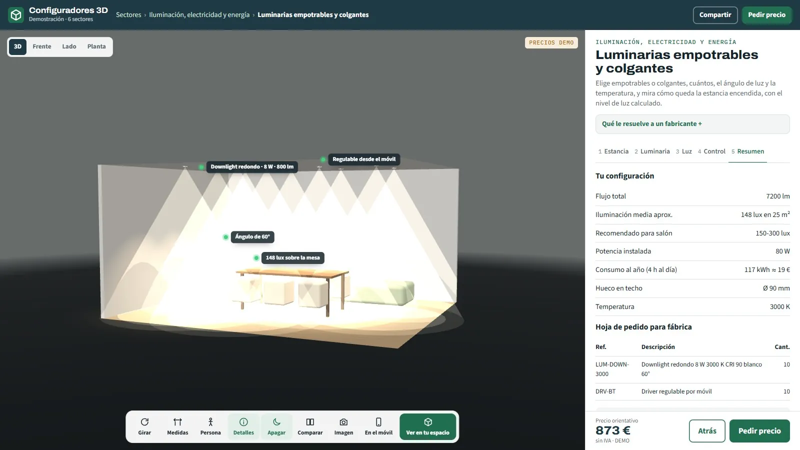 Resumen del configurador de luminarias con flujo total, lux conseguidos frente a recomendados y potencia instalada