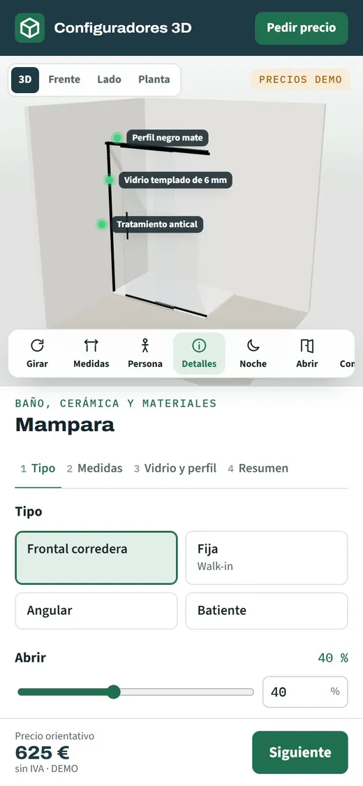 Configurador de mamparas abierto en un móvil con la mampara en 3D y el selector de perfil y tipo de vidrio