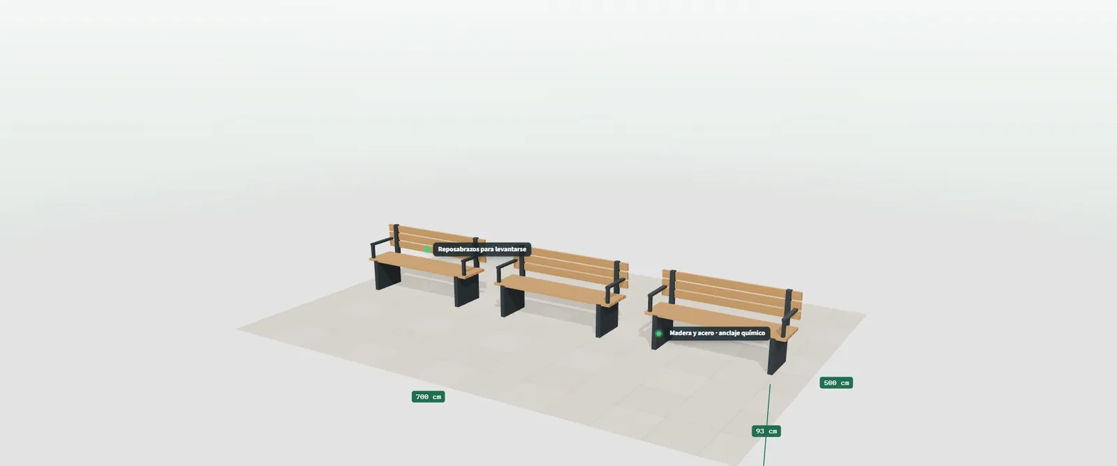 Banco urbano en 3D con etiquetas sobre los reposabrazos, el material y el tipo de anclaje al pavimento de la plaza