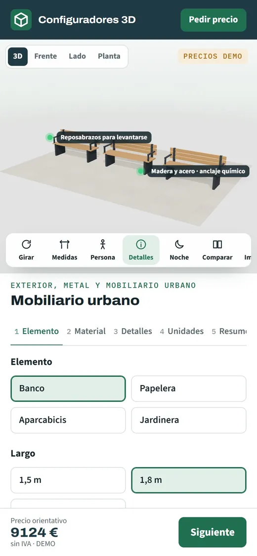 Configurador de mobiliario urbano abierto en un teléfono móvil con un banco de madera en 3D y su precio orientativo