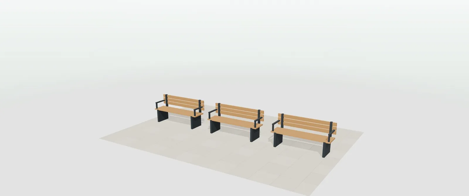 Tres bancos urbanos de madera y acero antracita con respaldo y reposabrazos sobre el pavimento de una plaza en el configurador 3D de mobiliario urbano
