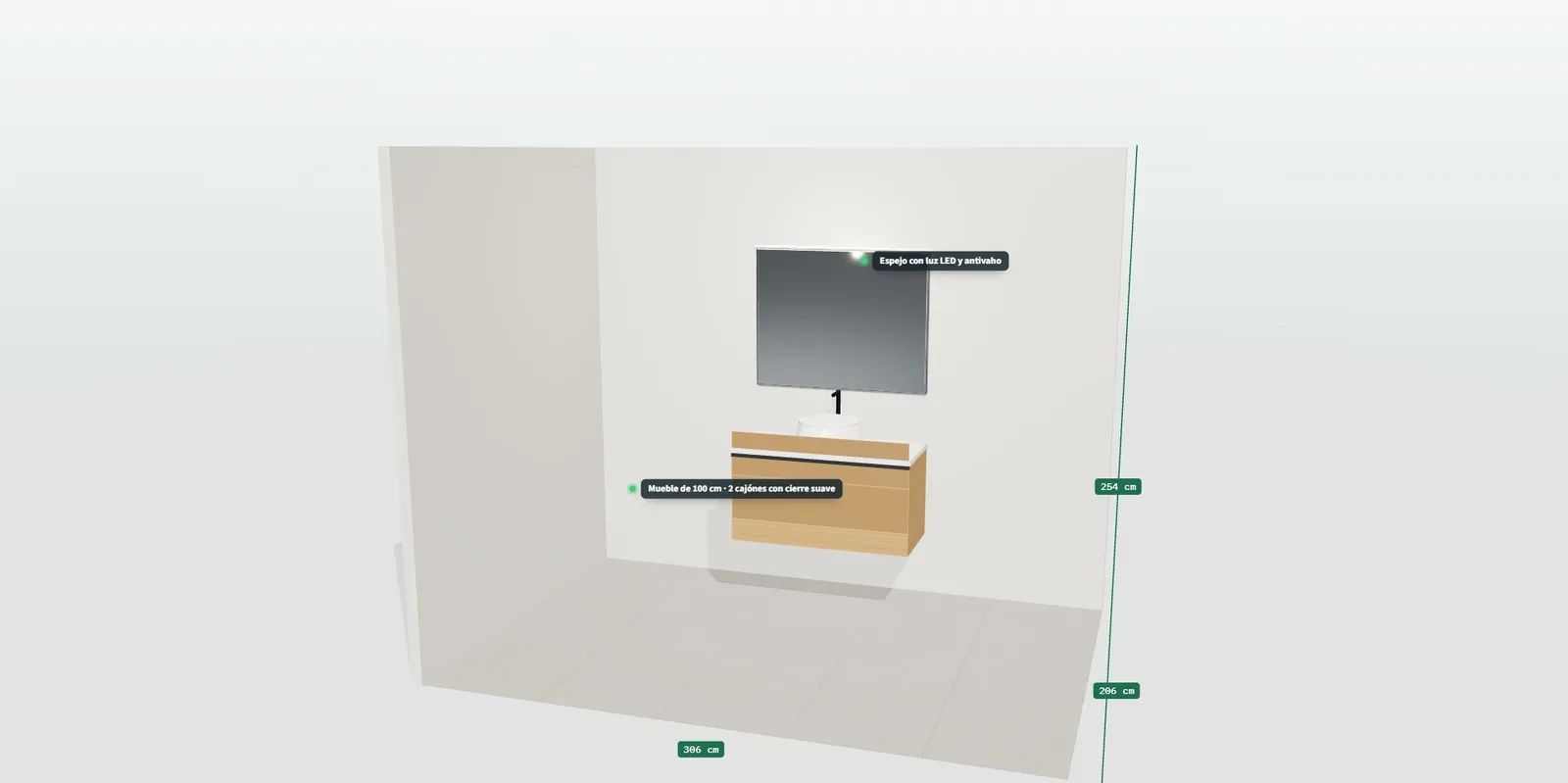 Mueble de baño en 3D con etiquetas que señalan el espejo con luz LED, el lavabo, el grifo y la columna auxiliar