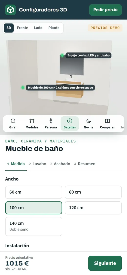 Configurador de mueble de baño abierto en un móvil con el mueble en 3D, el ancho elegido y el acceso a realidad aumentada