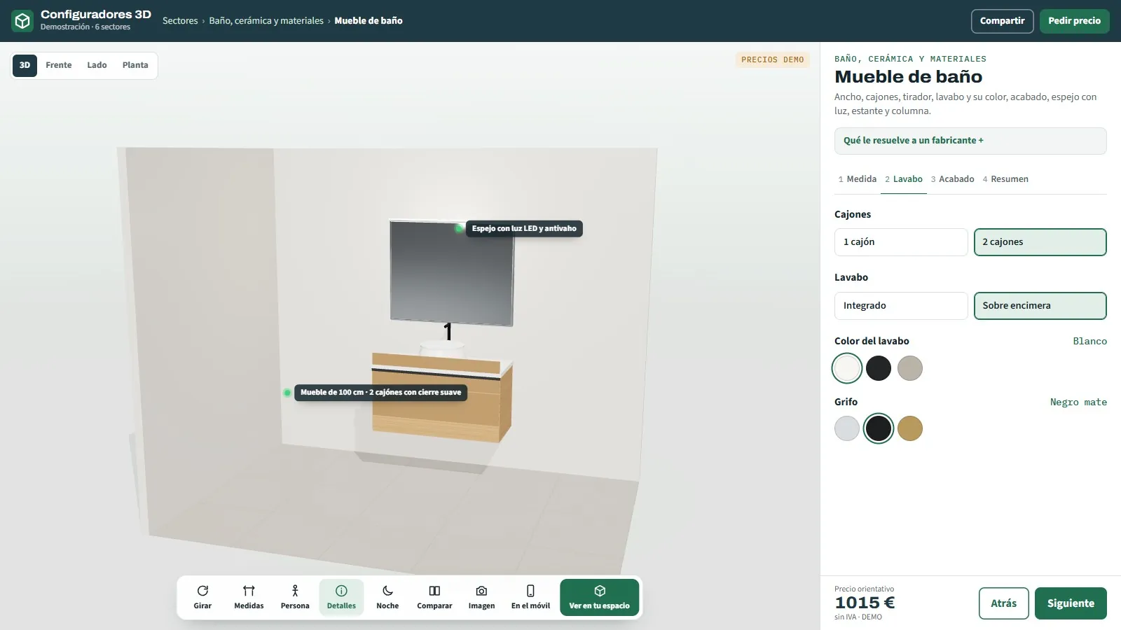 Pantalla del configurador de muebles de baño con ancho, instalación, cajones, lavabo, acabado y tirador por pasos