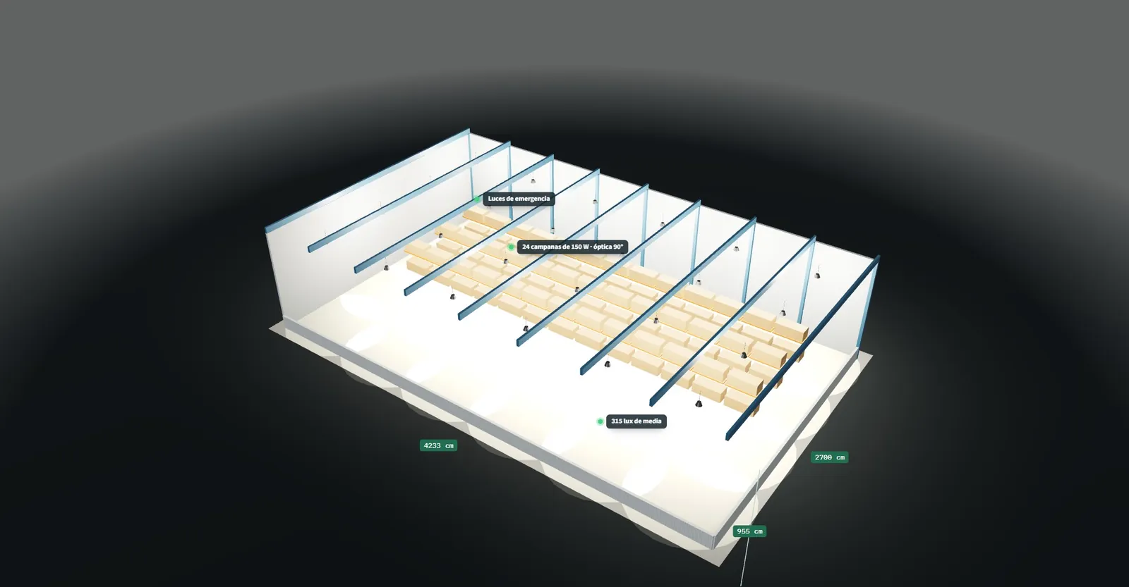 Campanas LED de nave industrial en 3D con etiquetas de detalle sobre potencia, óptica, sensores y altura de montaje