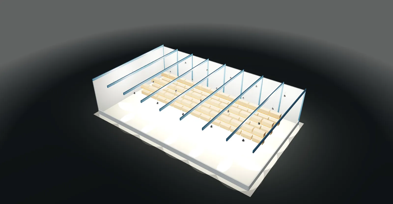 Nave industrial en 3D con filas de campanas LED encendidas sobre la zona de almacenaje en el configurador 3D de iluminación de naves