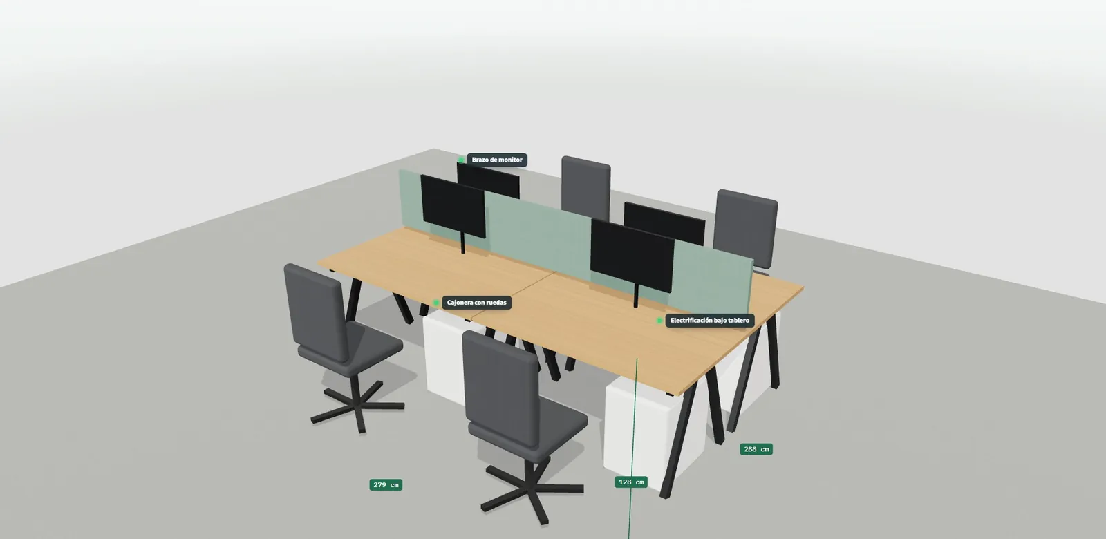 Bench de oficina en 3D con una persona de referencia y etiquetas sobre el separador acústico y la electrificación