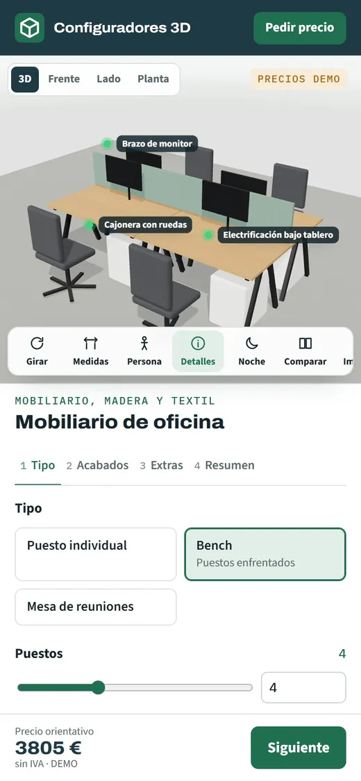 Configurador de mobiliario de oficina en un móvil con un bench de cuatro puestos, separadores y brazos de monitor