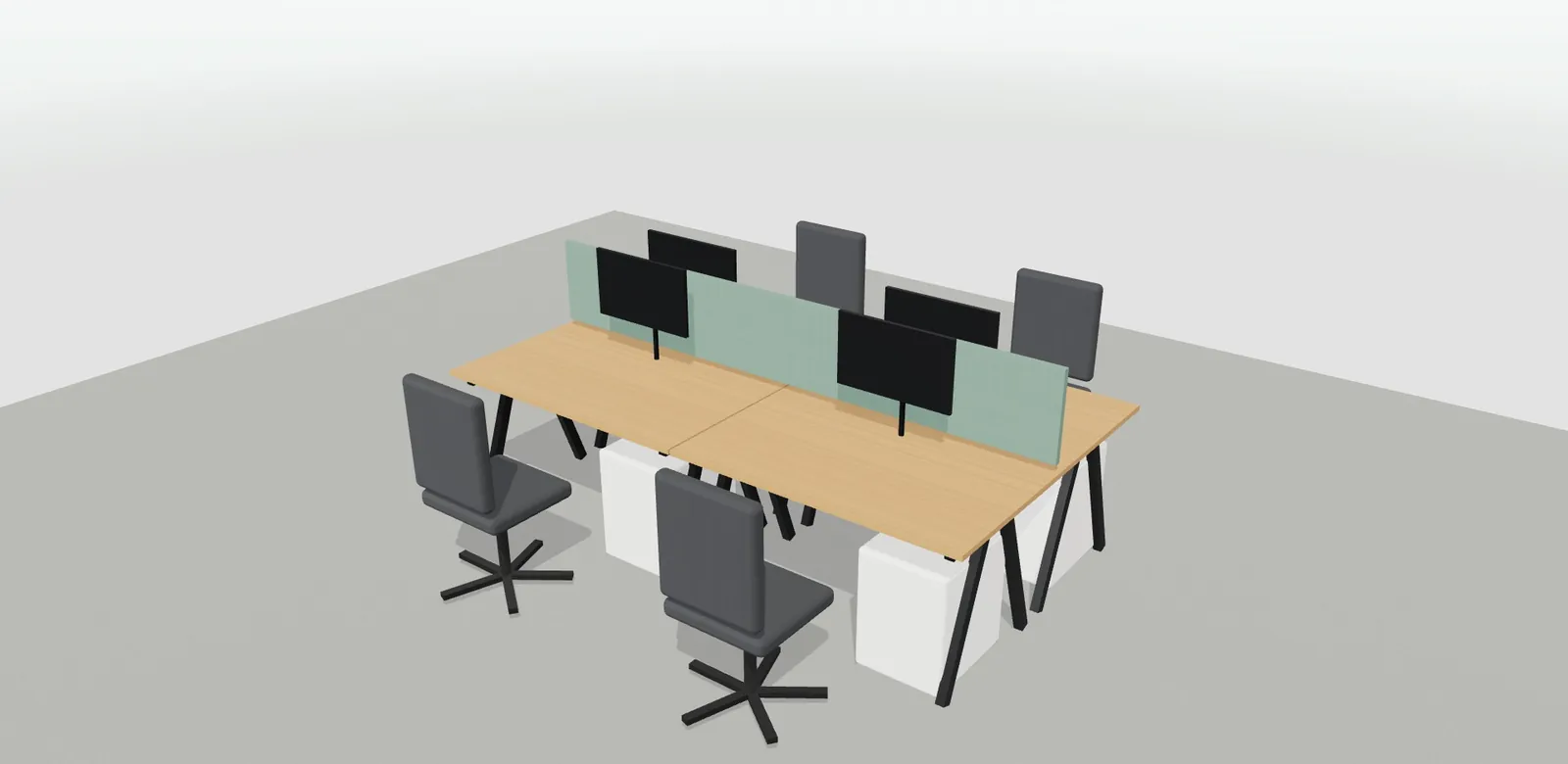 Bench de cuatro puestos con tablero roble, estructura negra, separadores acústicos y sillas grafito en el configurador 3D