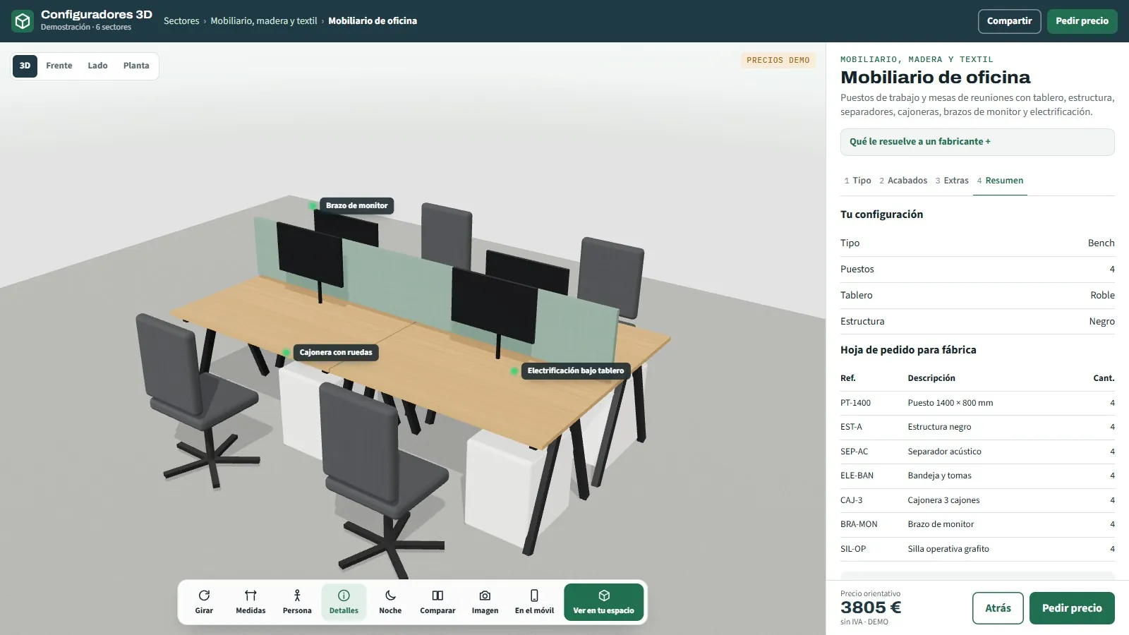 Configurador de mobiliario de oficina con un bench de cuatro puestos en 3D y la hoja de pedido para fábrica con referencias, descripción y cantidades