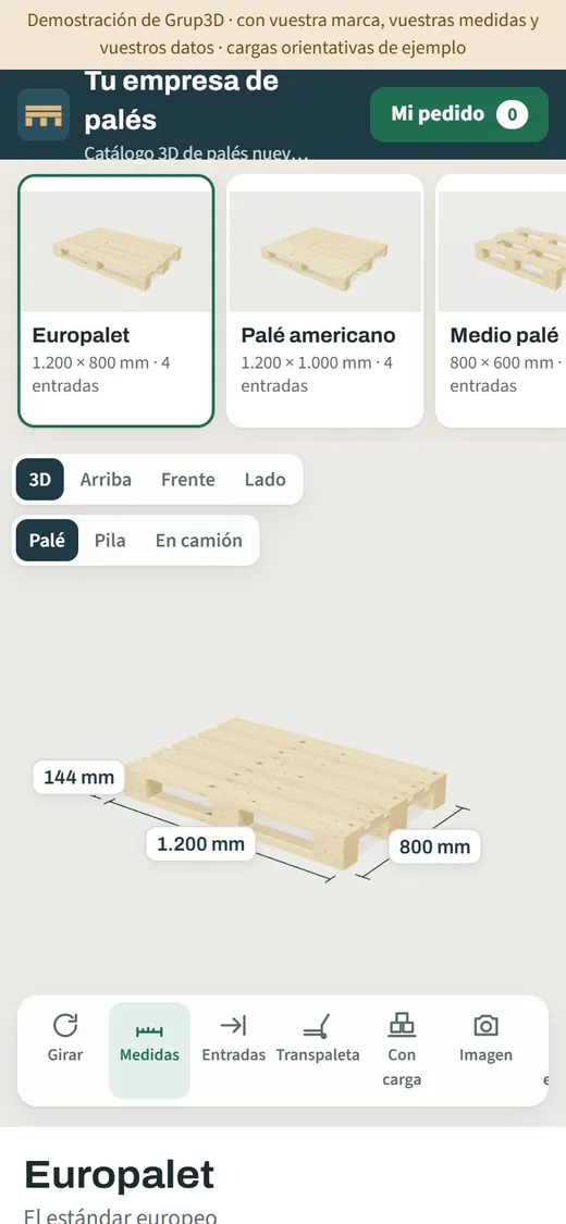 Catálogo 3D de palés abierto en un móvil con el palé en 3D y los botones de pedido y de venta de palés usados