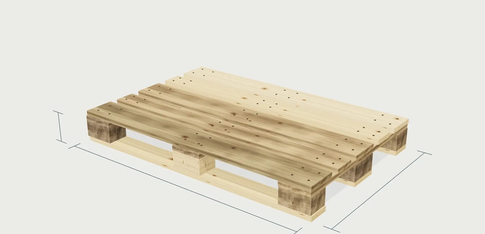 Europalet de madera en 3D con sus cotas de largo, ancho y alto en el catálogo 3D de palés