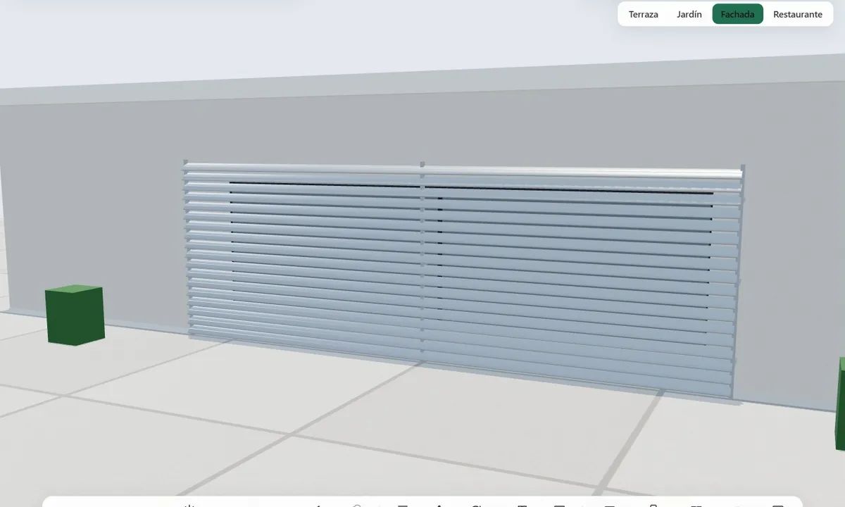 Brise-soleil de lamas fijas continuas horizontales sobre un muro, visto en el configurador 3D